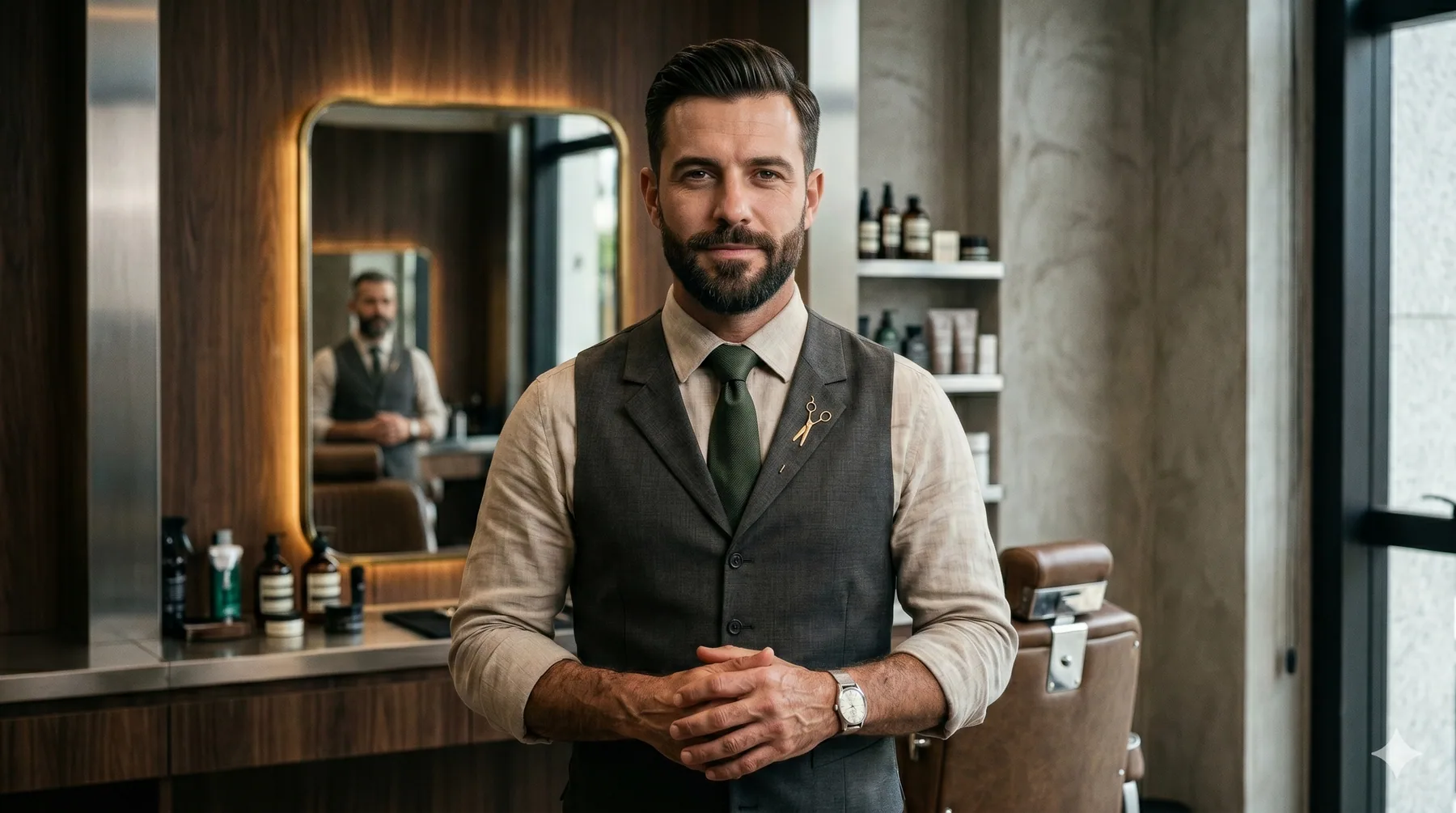 Barbeiro finalizando o corte de um cliente em um ambiente sofisticado