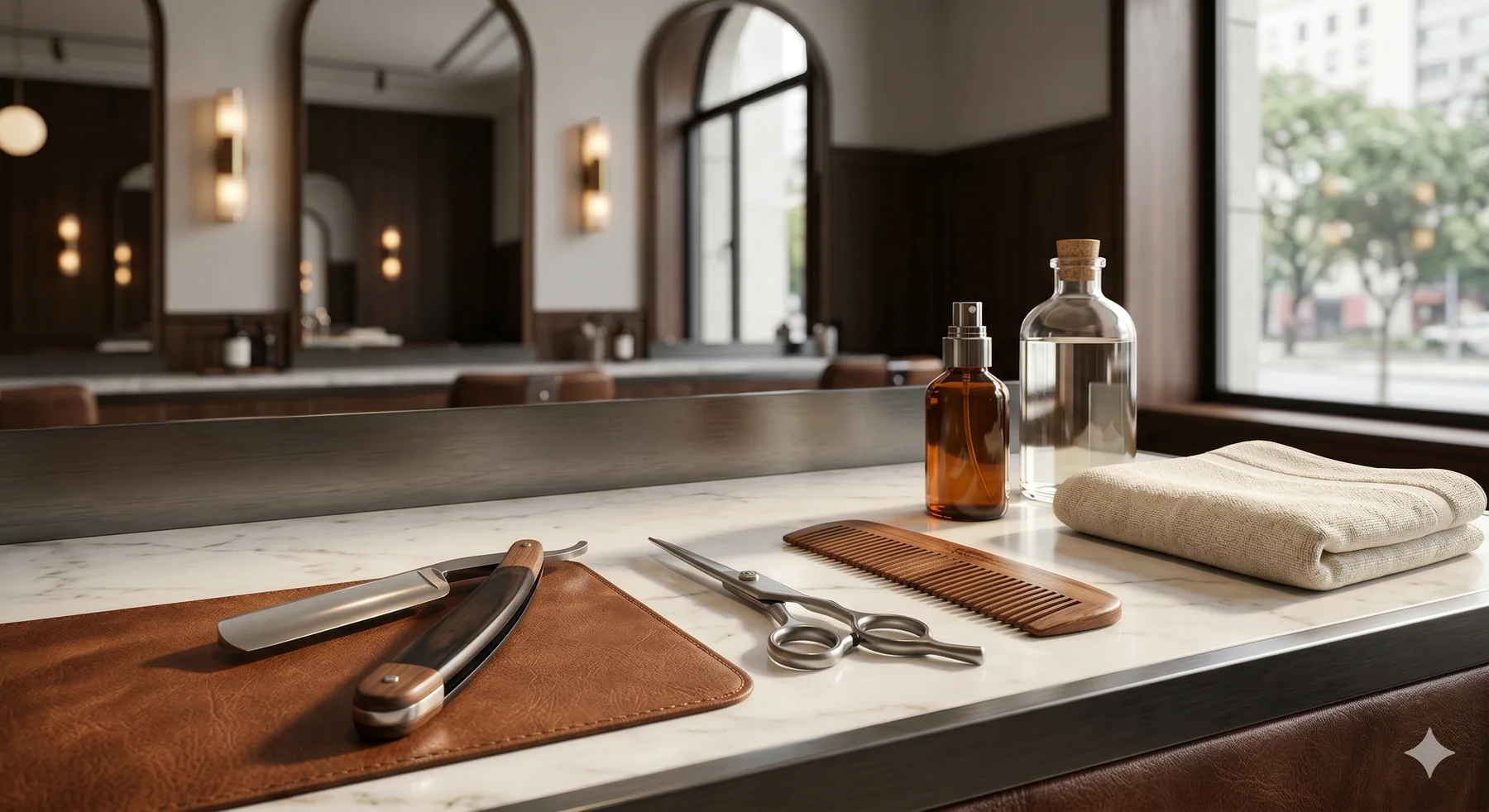 Ferramentas de barbearia organizadas sobre bancada